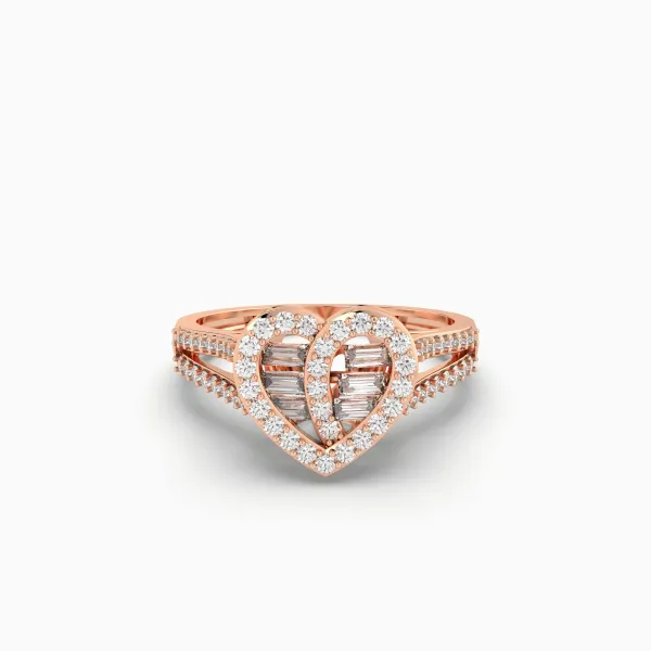 10K Rose Gold Round And Baguette Diamond Heart Ring For Women's
