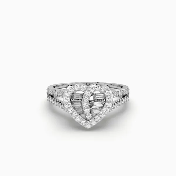 10K White Gold Round And Baguette Diamond Heart Ring For Women's