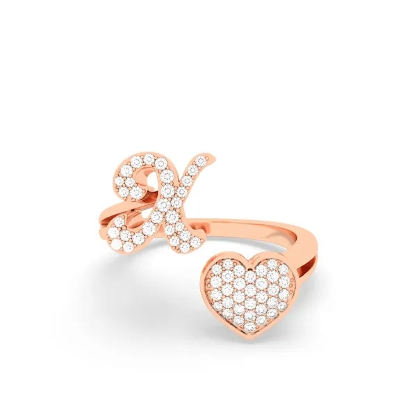 10K Rose Gold Round Diamond Heart Initial X Rings