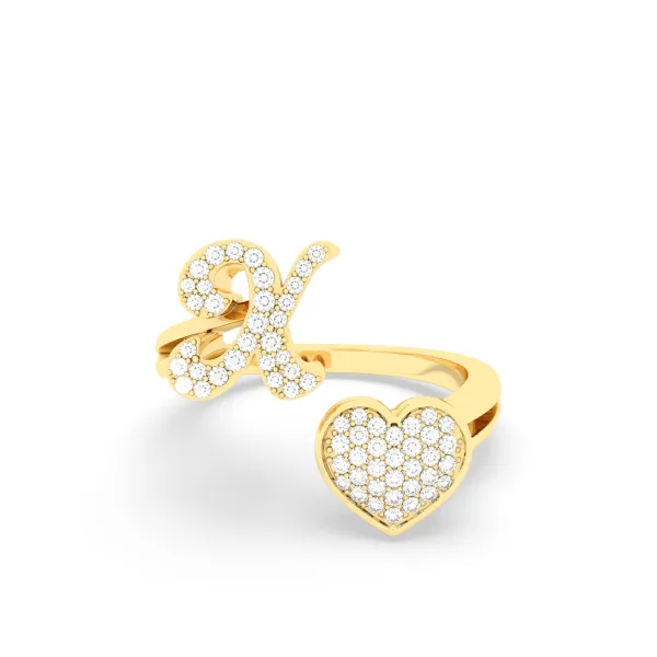 Gold Round Natural Diamond Heart Initial X Rings