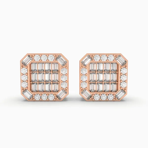 10K Rose Gold Diamond Cluster Square Frame Diamond Stud Earrings For Women