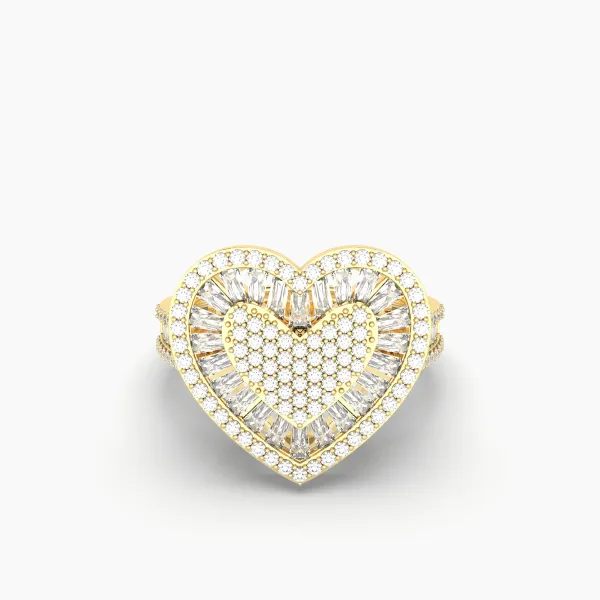 10K Yellow Gold Baguette And Round Diamond Bubble Heart Ring
