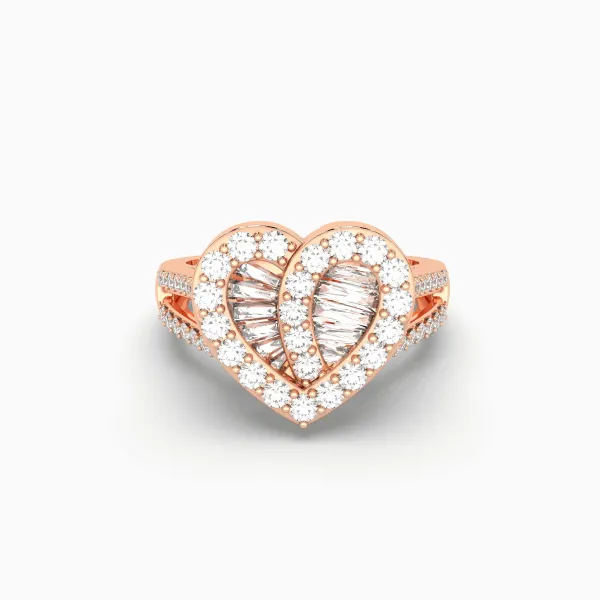 10K Rose Gold Baguette & Round Cut Diamond Heart Halo Ring