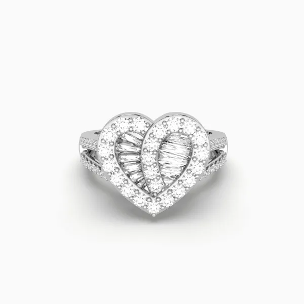 10K White Gold Baguette & Round Cut Diamond Heart Halo Ring