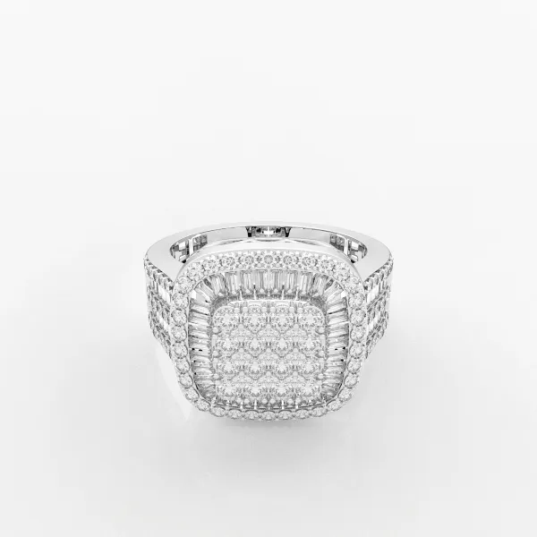 10K White Gold Solid Men's Baguette And Round Diamond Ring