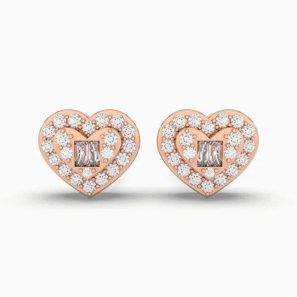 10K Rose Gold Heart Shape Diamond And Baguette Stud Earring For Women