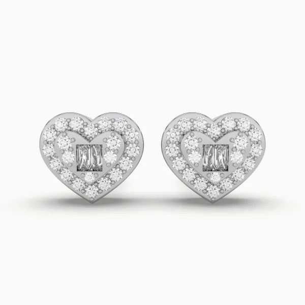 10K White Gold Heart Shape Diamond And Baguette Stud Earring For Women