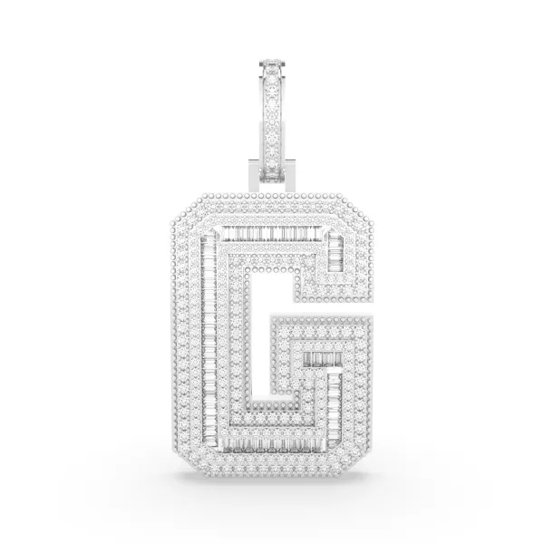 10K White Gold Baguette And Round Cut Natural Diamond G Initial Letter Pendant