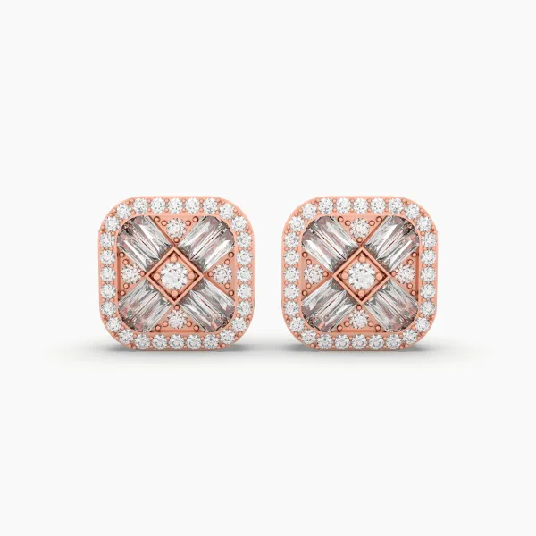 10K Rose Gold Baguette And Round Brilliant Natural Diamond Stud Earrings