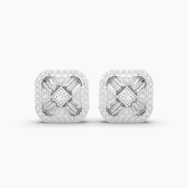10K White Gold Baguette And Round Brilliant Natural Diamond Stud Earrings
