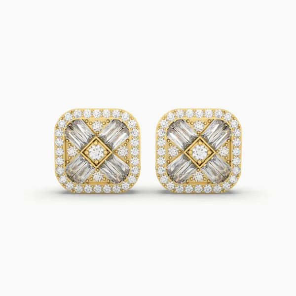 Baguette And Round Brilliant Natural Diamond Stud Earrings