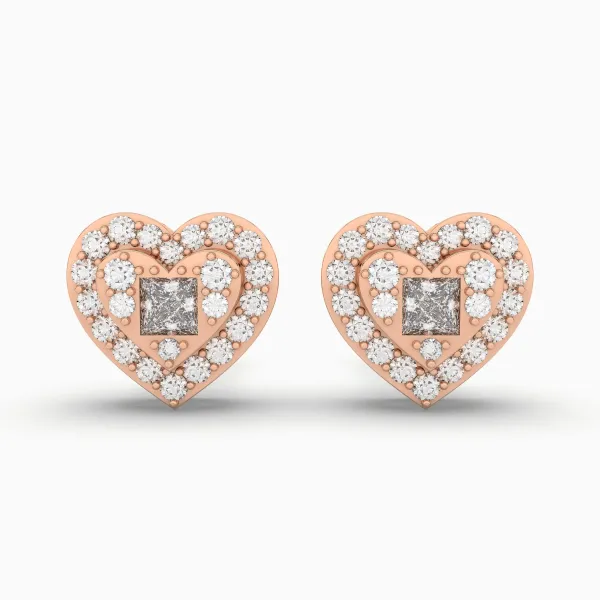 10K Rose Gold Sparkling Heart Shape Diamond And Buguette Stud Earring For Women