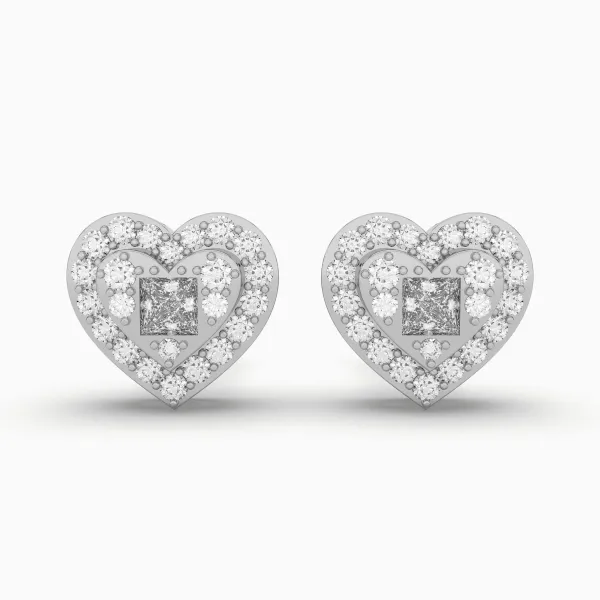 10K White Gold Sparkling Heart Shape Diamond And Buguette Stud Earring For Women