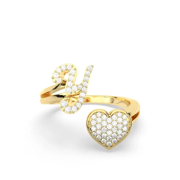 Gold Round Natural Diamond Heart Initial Y Rings