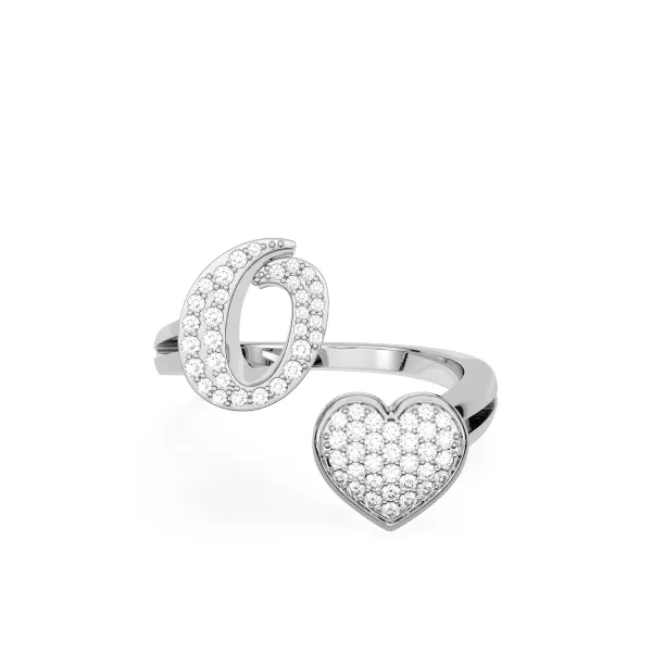 10K White Gold Round Diamond Heart Initial O Rings