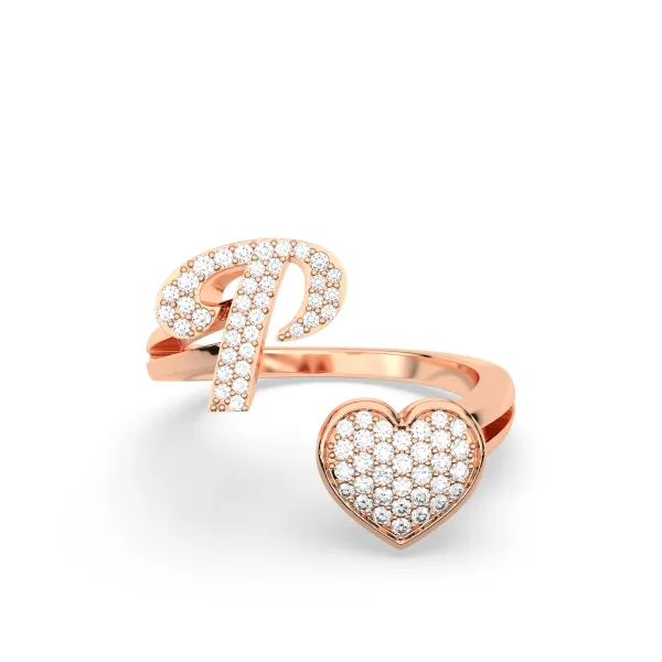 10K Rose Gold Round Diamond Heart Initial P Rings