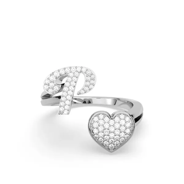 10K White Gold Round Diamond Heart Initial P Rings