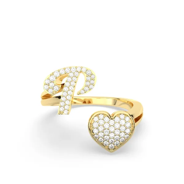 10K Yellow Gold Round Diamond Heart Initial P Rings
