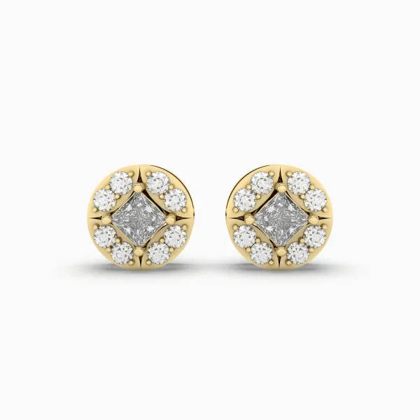 Solid Gold Round And Princess Cut Natural Diamond Solitaire Stud Earring
