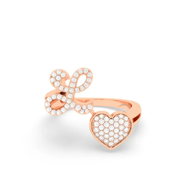 10K Rose Gold L Letter Diamond Heart Initial Ring