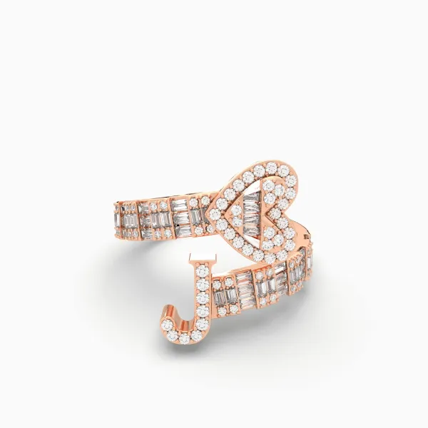 10K Rose Gold Baguette And Round Diamond Heart Initial J Letter Ring