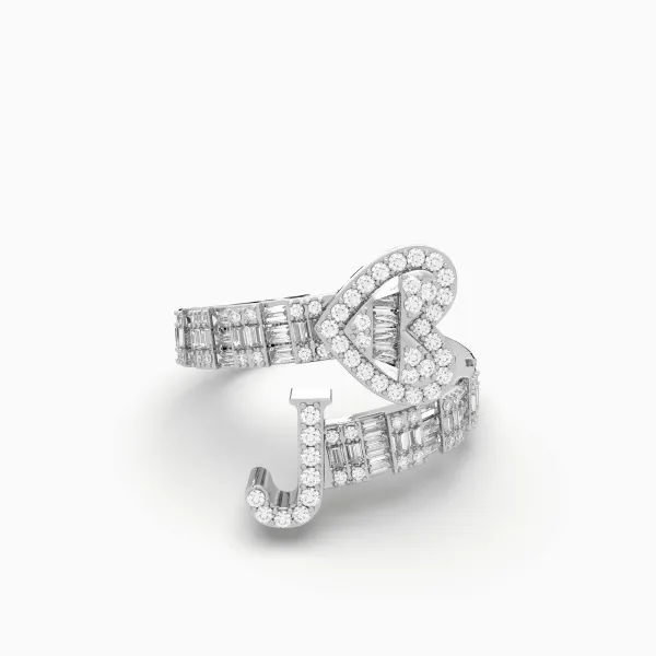 10K White Gold Baguette And Round Diamond Heart Initial J Letter Ring