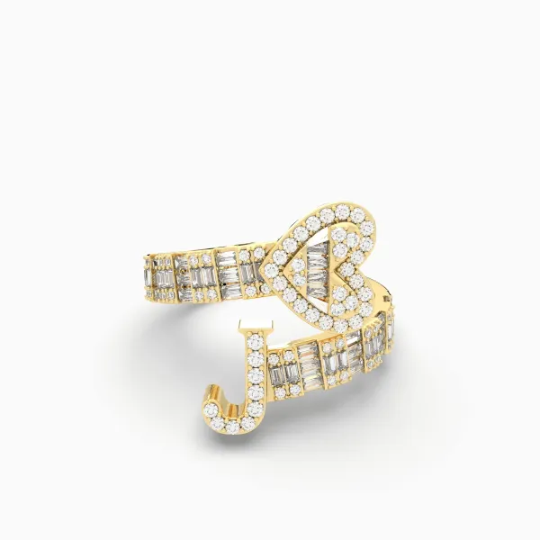 Baguette And Round Natural Diamond Heart Initial J Letter Ring