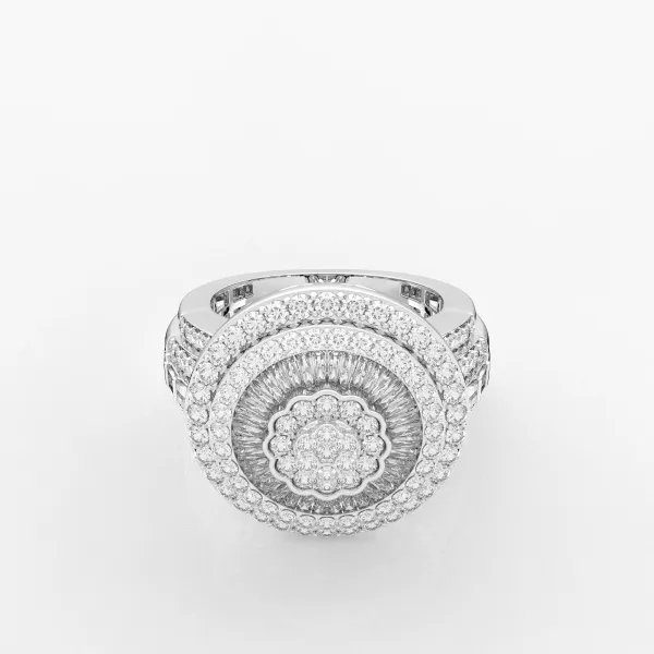 10K White Gold Round And Baguette Diamond Classic Shining Sun Ring