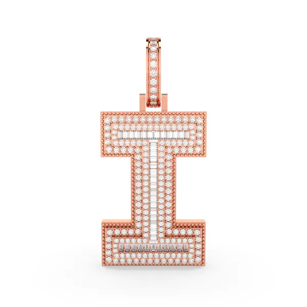 10K Rose Gold Men's Baguette And Round Natural Diamond "I" Initial Pendant