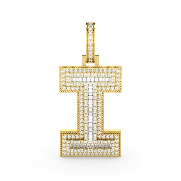 Men's Baguette And Round Natural Diamond "I" Initial Pendant