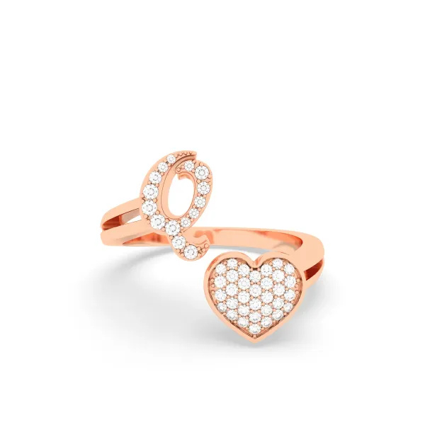 10K Rose Gold Round Diamond Heart Initial Q Rings