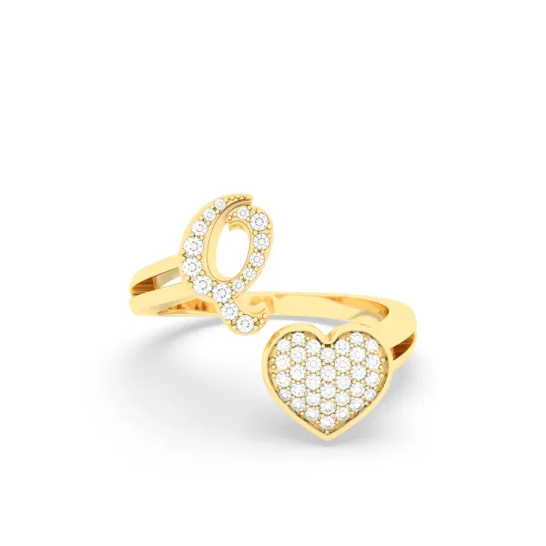 Gold Round Natural Diamond Heart Initial Q Rings