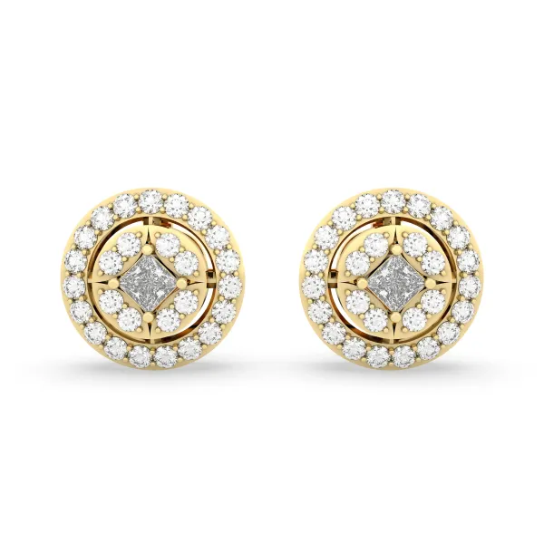 Gold Round And Princess Natural Diamond Stud Earrings
