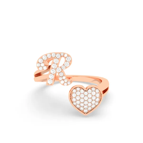10K Rose Gold Round Diamond Heart Initial R Rings