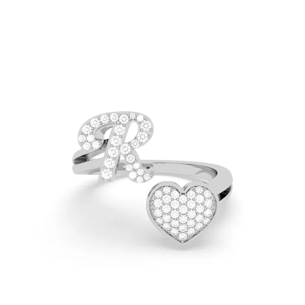 10K White Gold Round Diamond Heart Initial R Rings