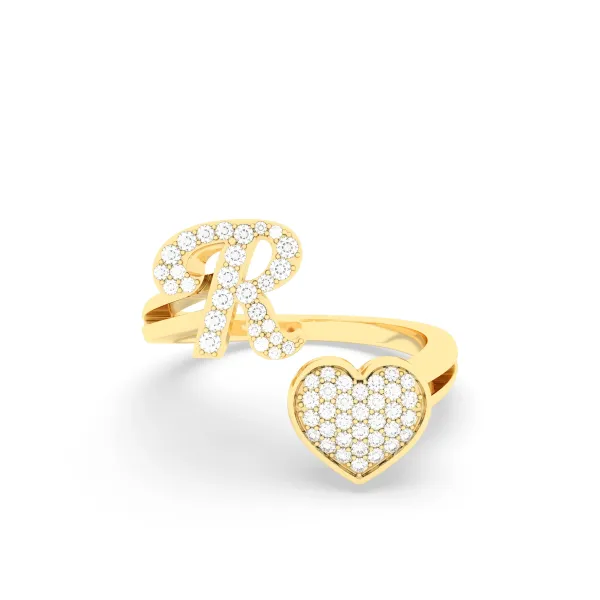 Gold Round Natural Diamond Heart Initial R Rings