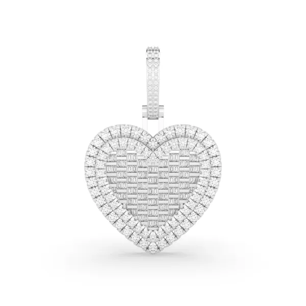 10K White Gold Natural Diamond Cluster Baguette And Round Heart Pendant