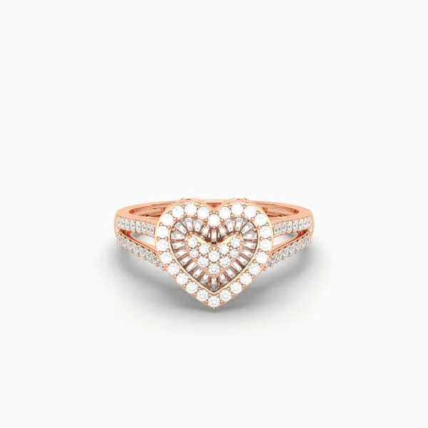 10K Rose Gold Baguette And Round Diamond Cluster Heart Ring