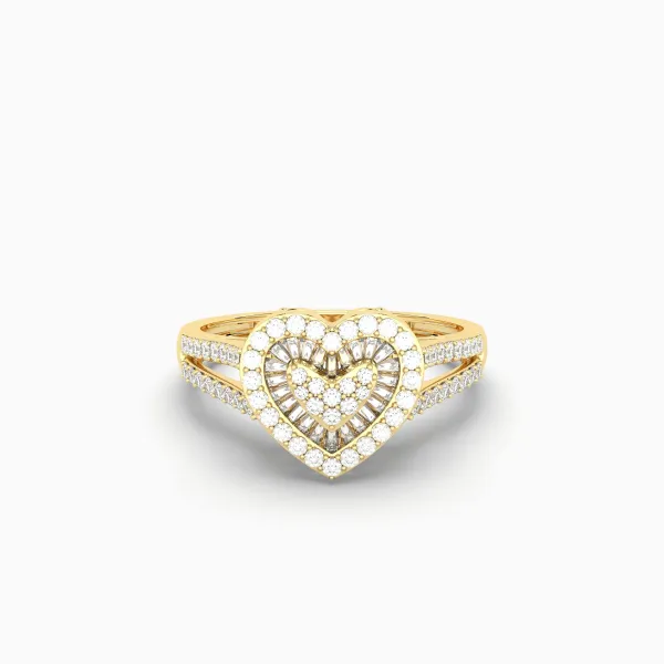10K Yellow Gold Baguette And Round Diamond Cluster Heart Ring