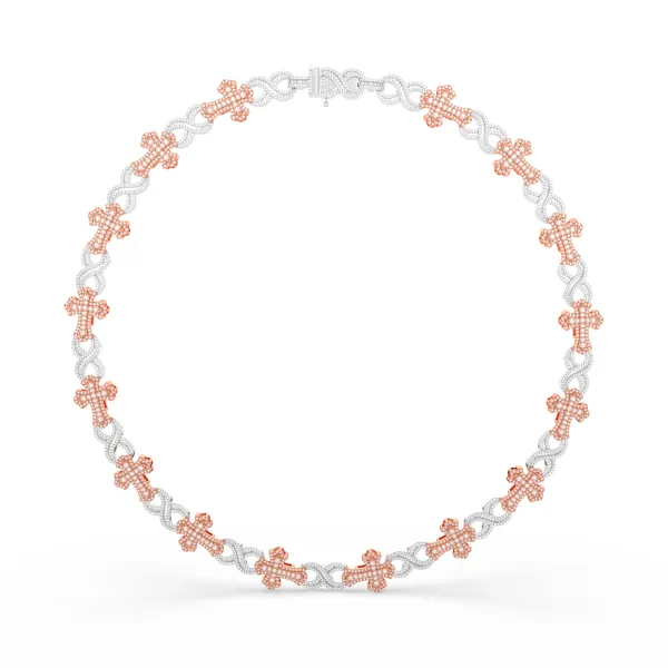 10K Rose Gold Two-Tone Round And Baguette Diamond Cross Infinity Necklace