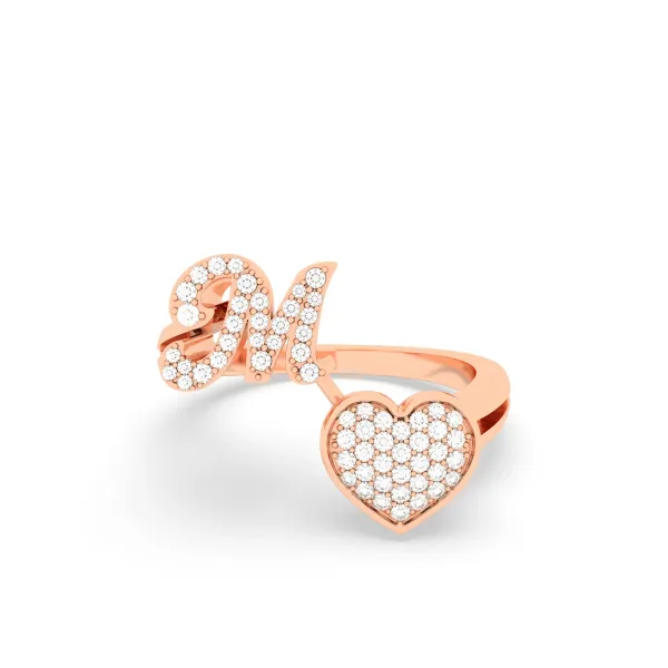 10K Rose Gold M Letter Diamond Heart Initial Ring