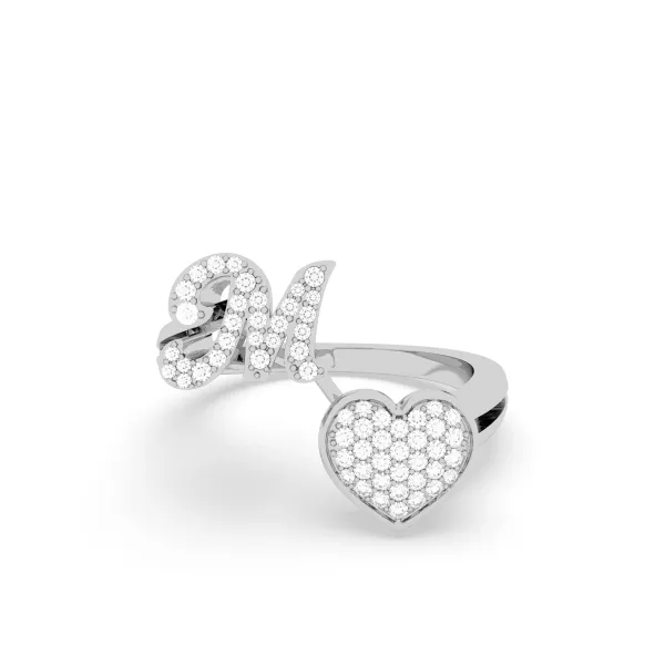 10K White Gold M Letter Diamond Heart Initial Ring