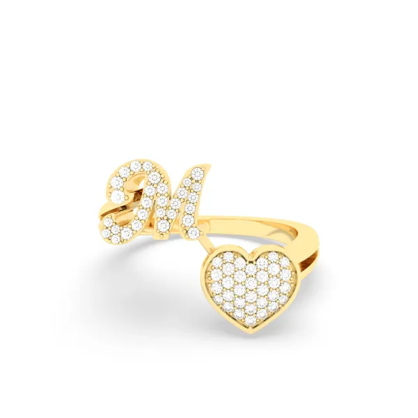 M Letter Natural Diamond Heart Initial Ring