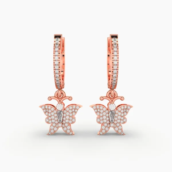 10K Rose Gold Caterpillar Butterfly Natural Diamond Hoop Earrings