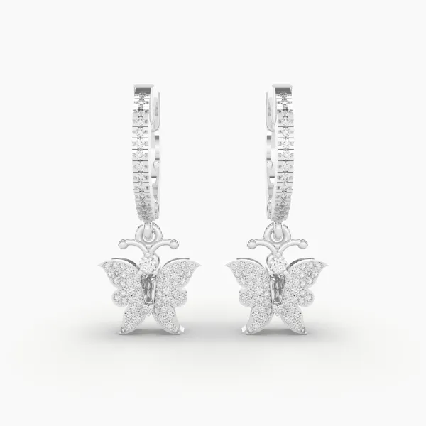 10K White Gold Caterpillar Butterfly Natural Diamond Hoop Earrings