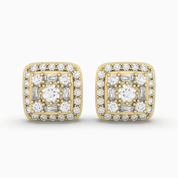 Gold Square Natural Diamond Stud Earrings For Women