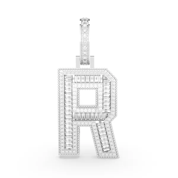 10K White Gold Baguette And Round Natural Diamond Letter Initial R Alphabet Pendant