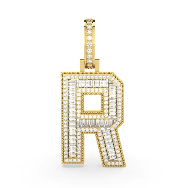 Baguette And Round Natural Diamond Letter Initial R Alphabet Pendant