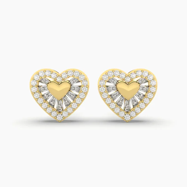 Heart-Shaped Baguette And Round Natural Diamond Stud Earrings