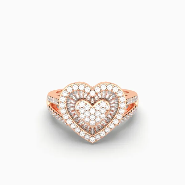 10K Rose Gold Women's Round And Baguette Diamond Heart Ring